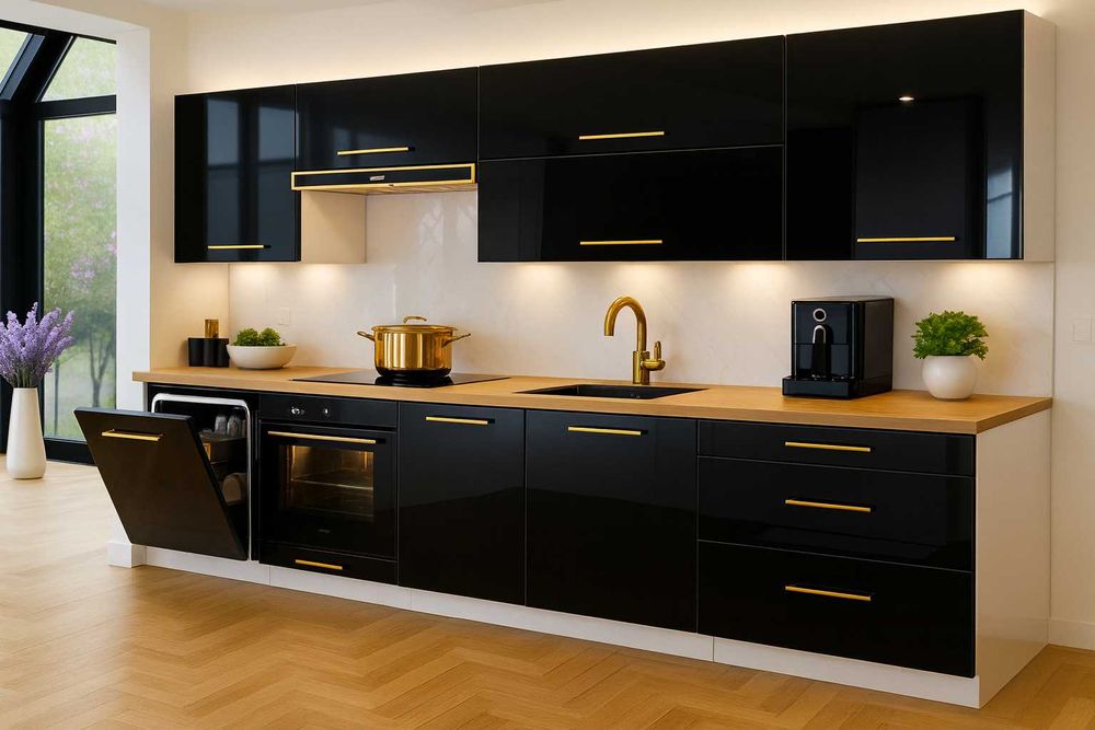 meble kuchenne 260 kuchnia kaszmir 2,6m biały szary połysk szałwia