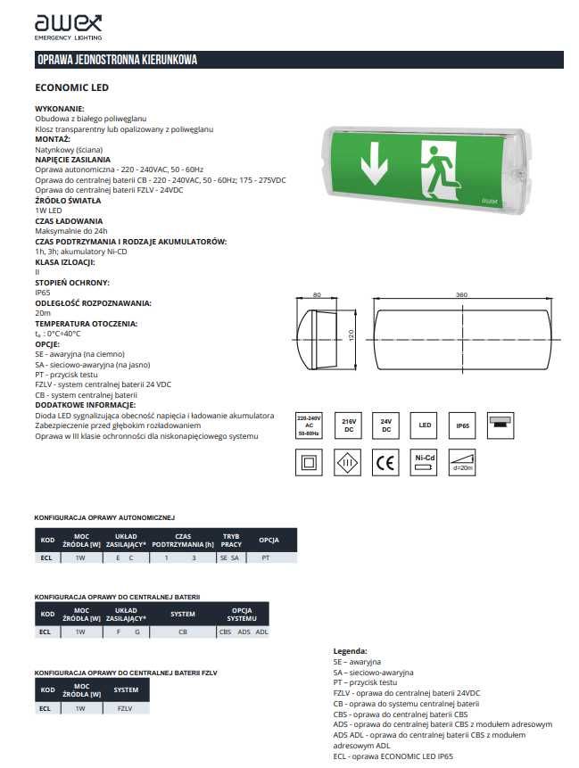 OPRAWA Awaryjna Economic Led 1W 1H ECL/1W/E/1/SE/PT/CL AWEX