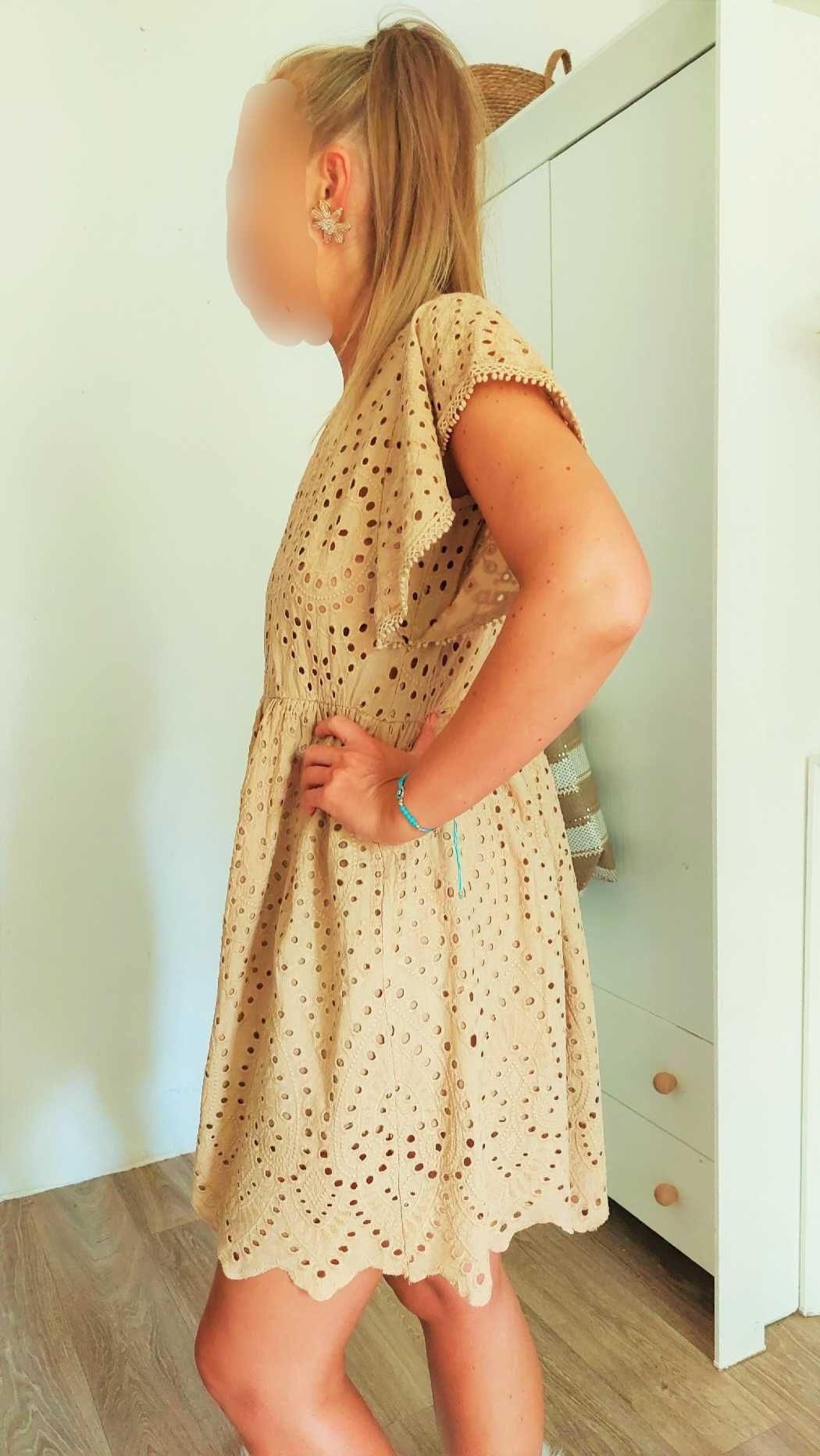 Bawełniana włoska sukienka koronkowa beżowa r.S/M 36/38