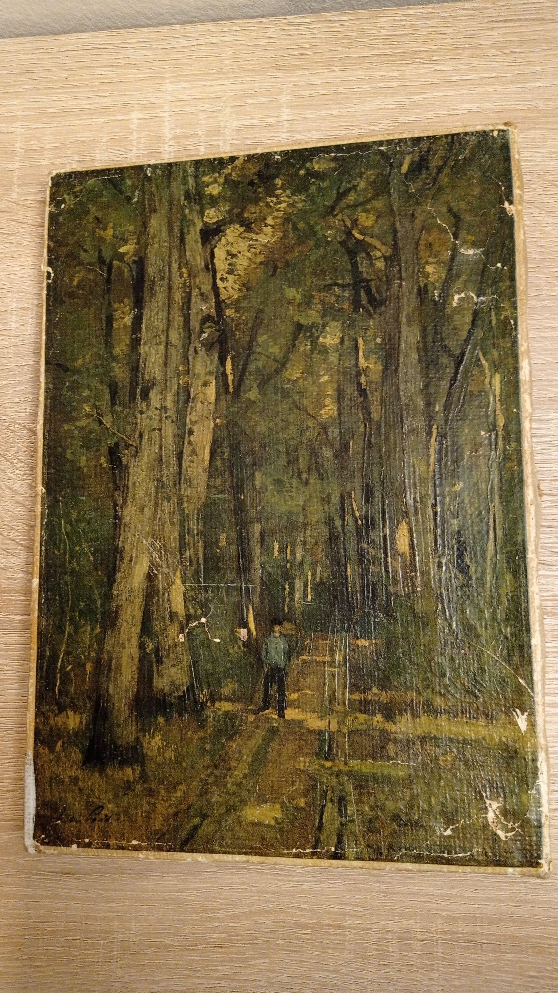Stary obraz olejny 20/28 cm człowiek las drzewa