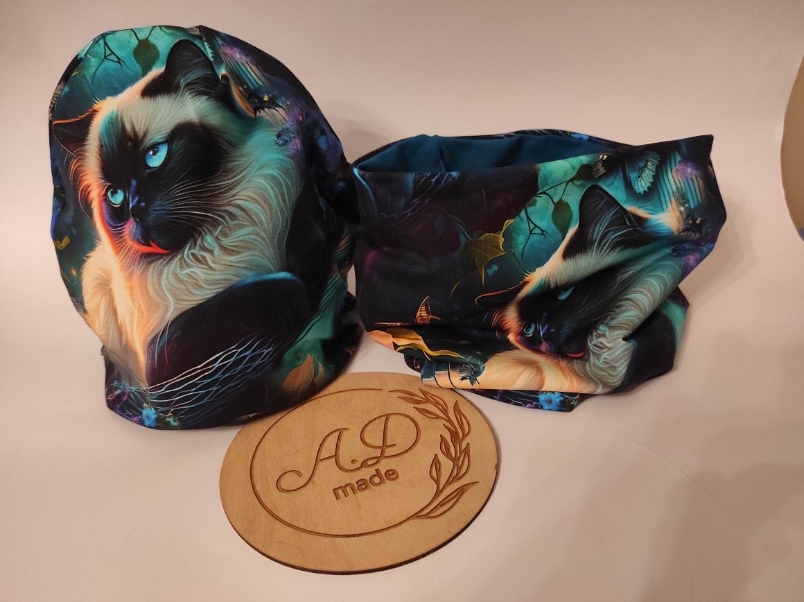 Komplet czapka komin Bawełniany Kot Majkun Maine Coon damski