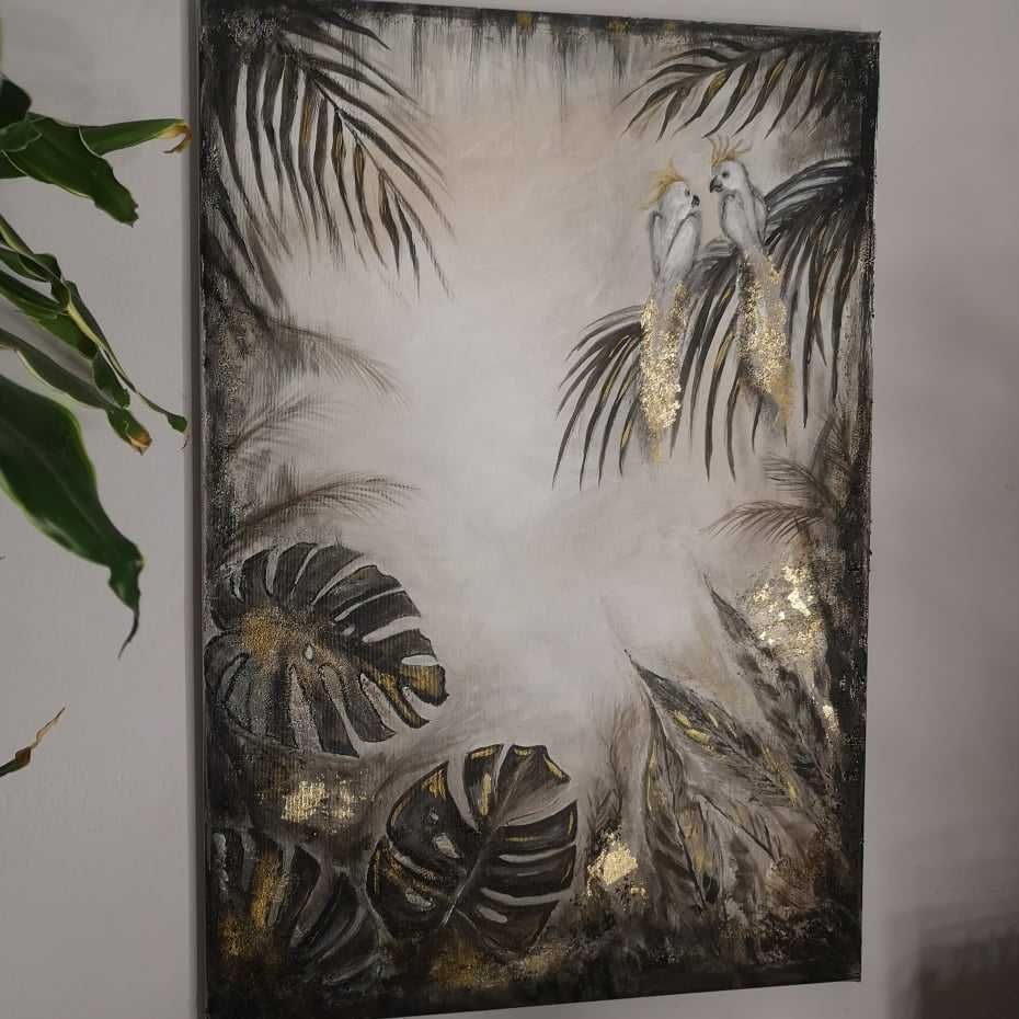 Obraz nowoczesny Jungle dżungla papugi czarny złoty płótno 50x73