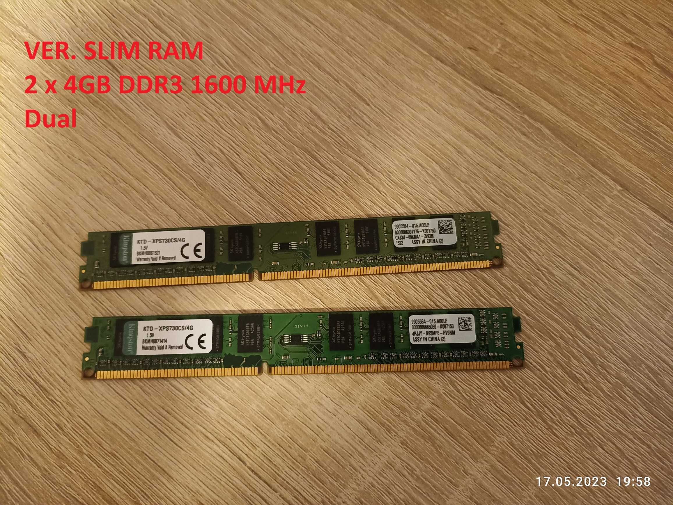 Pamięć Kingston 8GB DDR3 1600MHz SLIM  Dwa moduły dual po 4GB RAM OKA