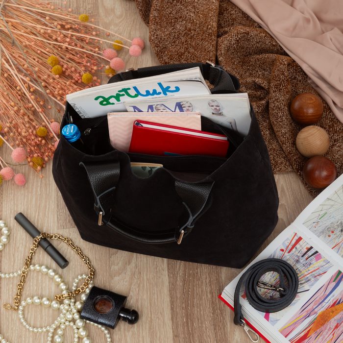 VERA PELLE torebka damska zamszowa shopper duża z paskiem V680 czarna