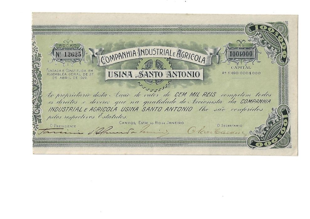 Bonds Shares Ações Acção Usina Santo Antonio 100 mil reis - 1922 -