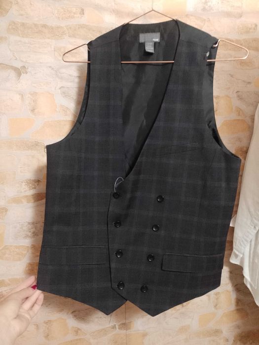 (M) H&M/ Dwurzędowa kamizelka garniturowa w kratę z Londynu, NOWA