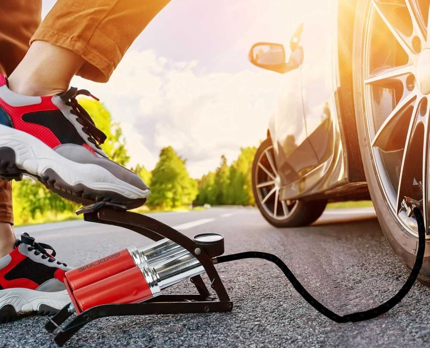 Pompka nożna samochodowa rowerowa dwutłokowa manometr do materaca