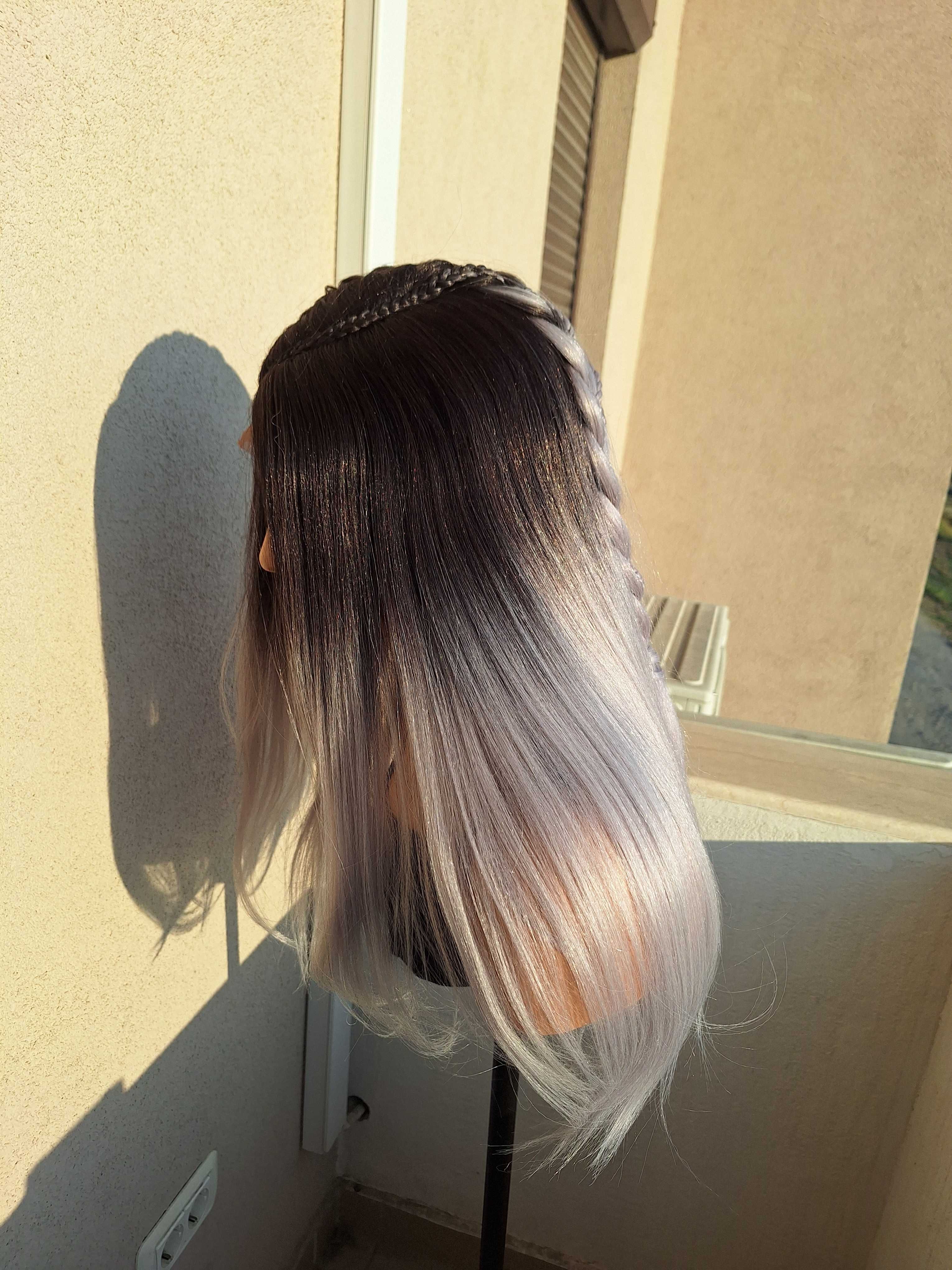 Peruka prosta z koronką z przodu, blond ombre z warkoczem 71350