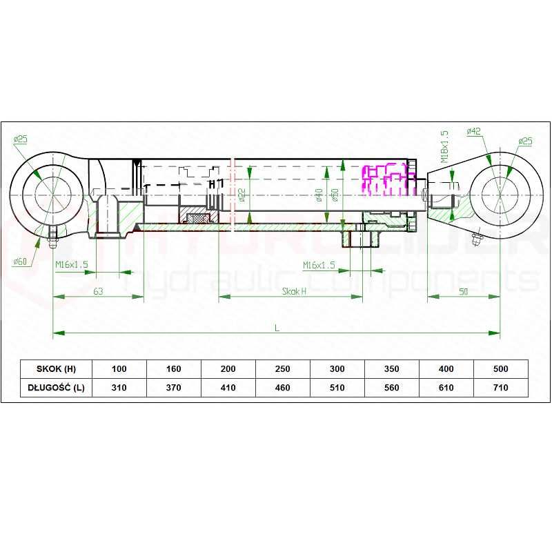 Siłownik tłok hydrauliczny 40/22 skok 100mm l:310