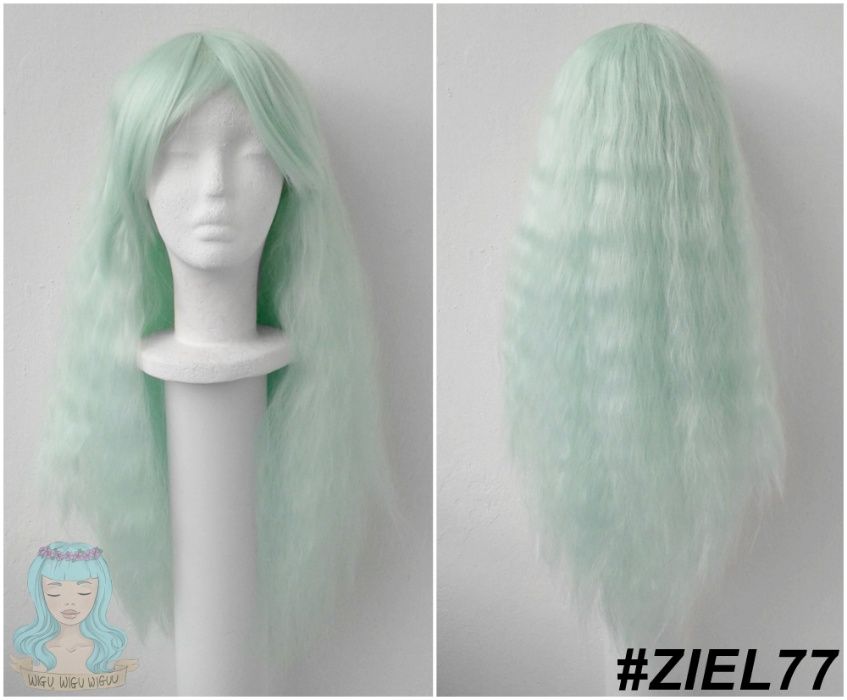 Pastelowa zielona peruka falowana karbowana z grzywką wig cosplay