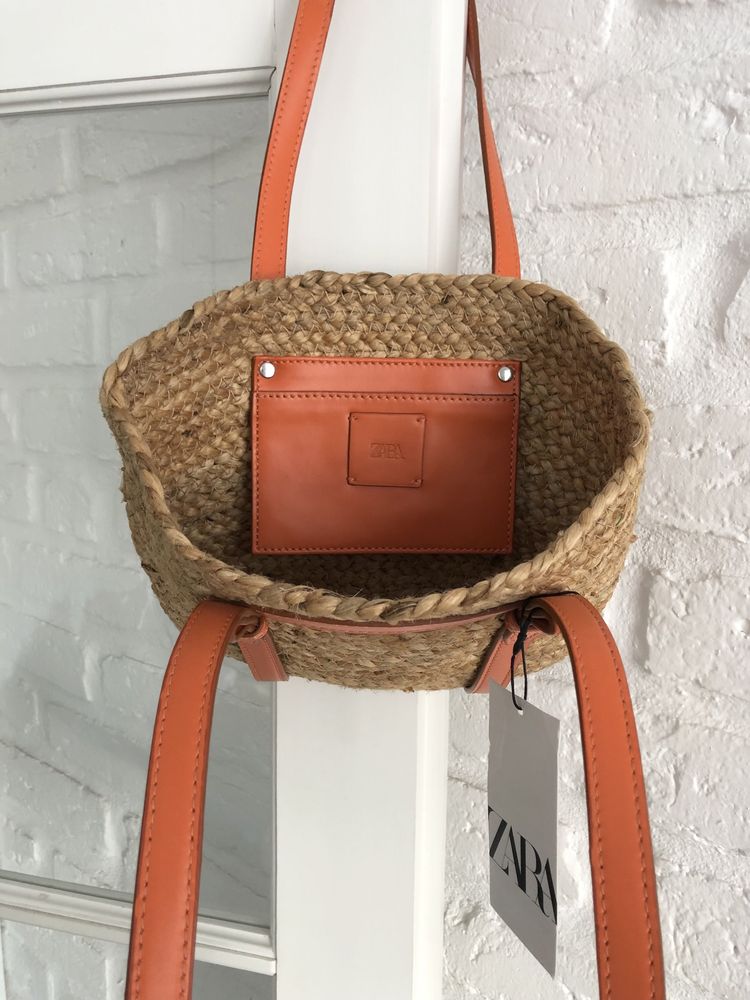 Zara torba koszyk z juty beżowa pomarańczowa kosz shopper