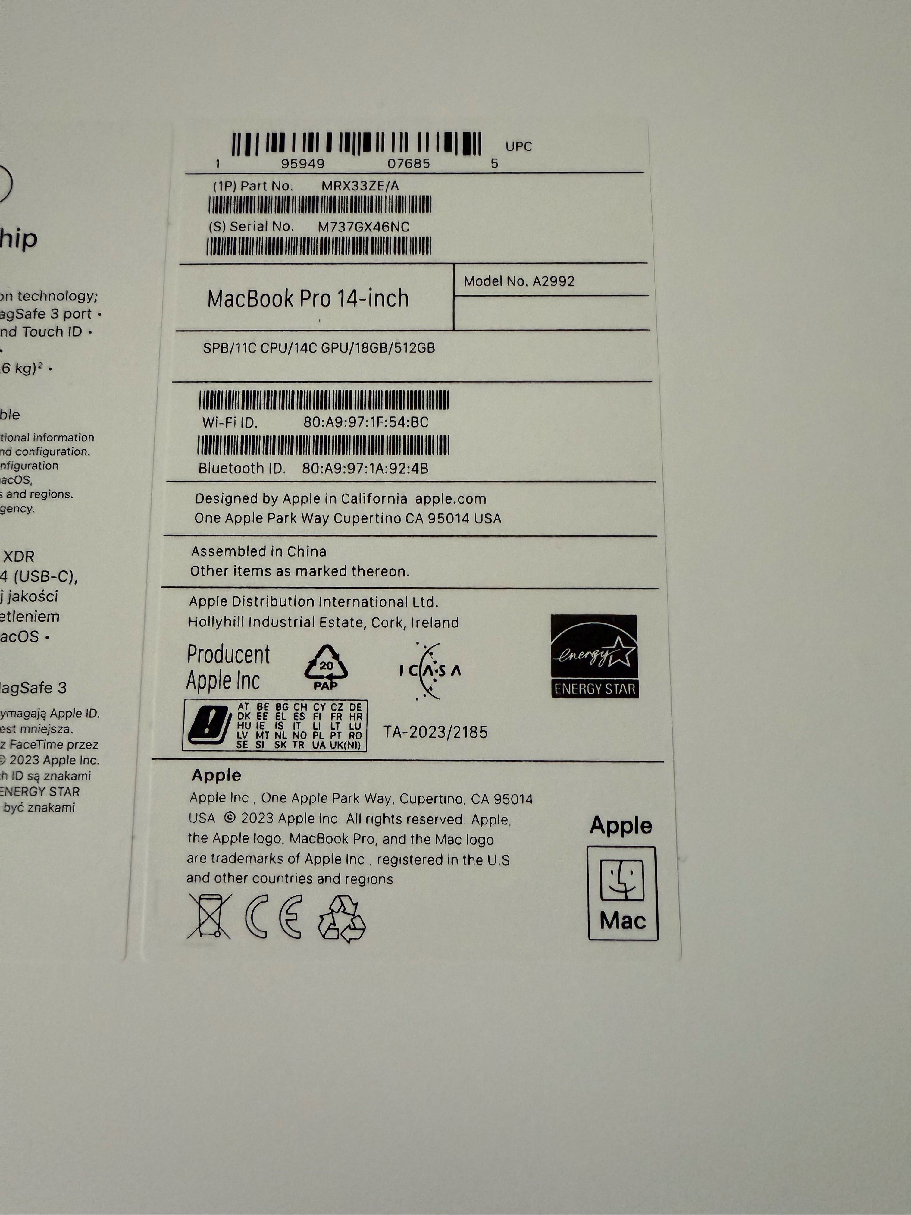 MacBook Pro 14" M3 PRO 18GB/512GB SSD MRX33ZE/A