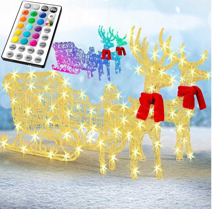 Renifer z saniami LED ozdoba zewnętrzna  RGB