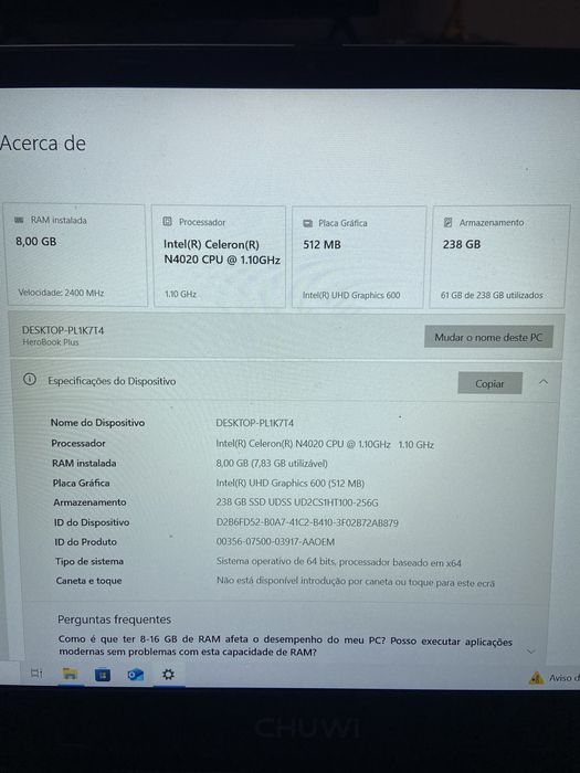 Portatio  Chuwi Herobook Plus - Com Garantia