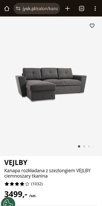 JYSK Kanapa rozkładana z szezlongiem VEJLBY, sofa