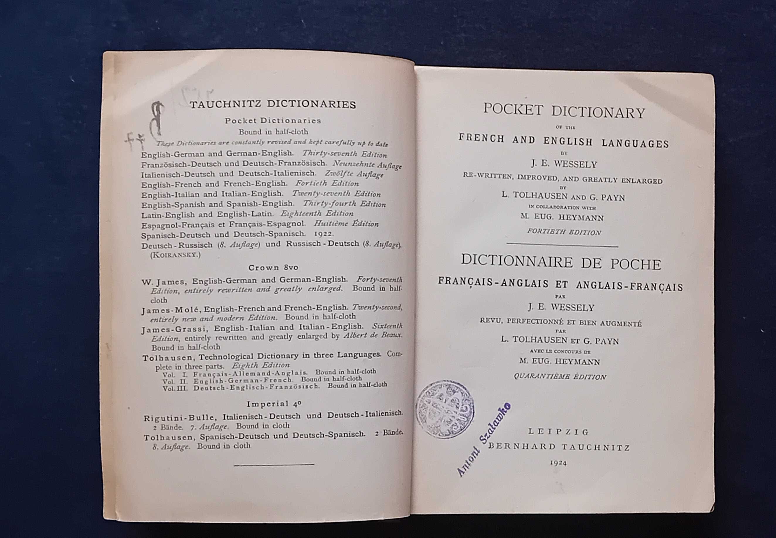 Dictionary of The French and English Languages. Tauchnitz, 1924 r.
