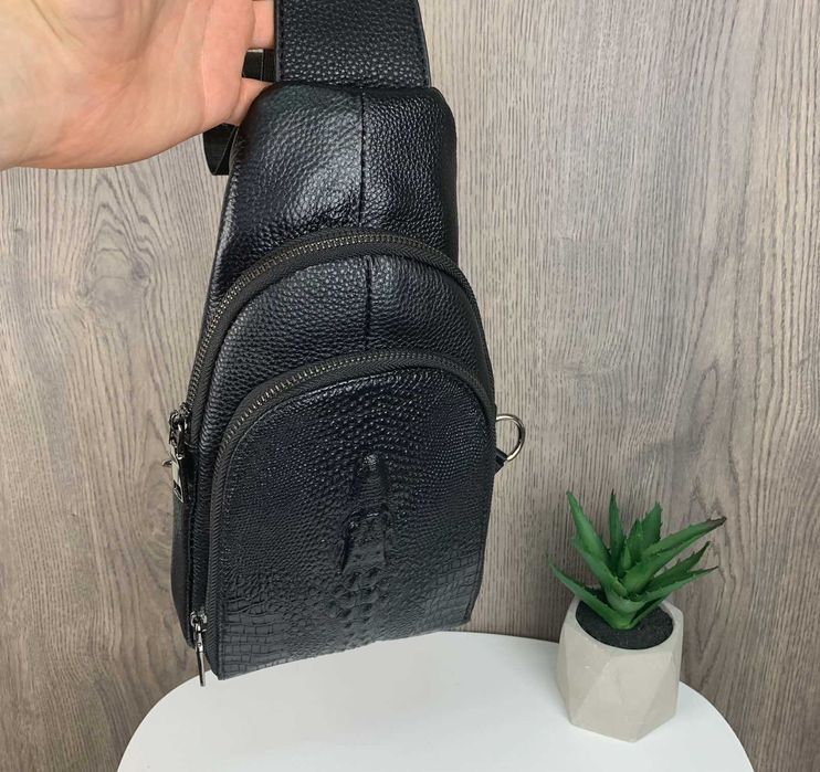 Мужская кожаная бананка сумка барсетка на грудь крокодил рептилия 2в1