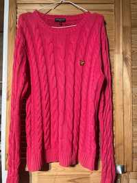 Sweter lyle&scott vintage xl warkoczykowy splot różowy bawełna