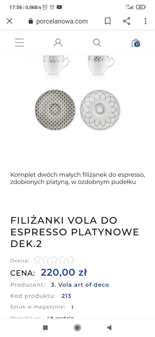 Filiżanki Vola art of deco . Super Okazja