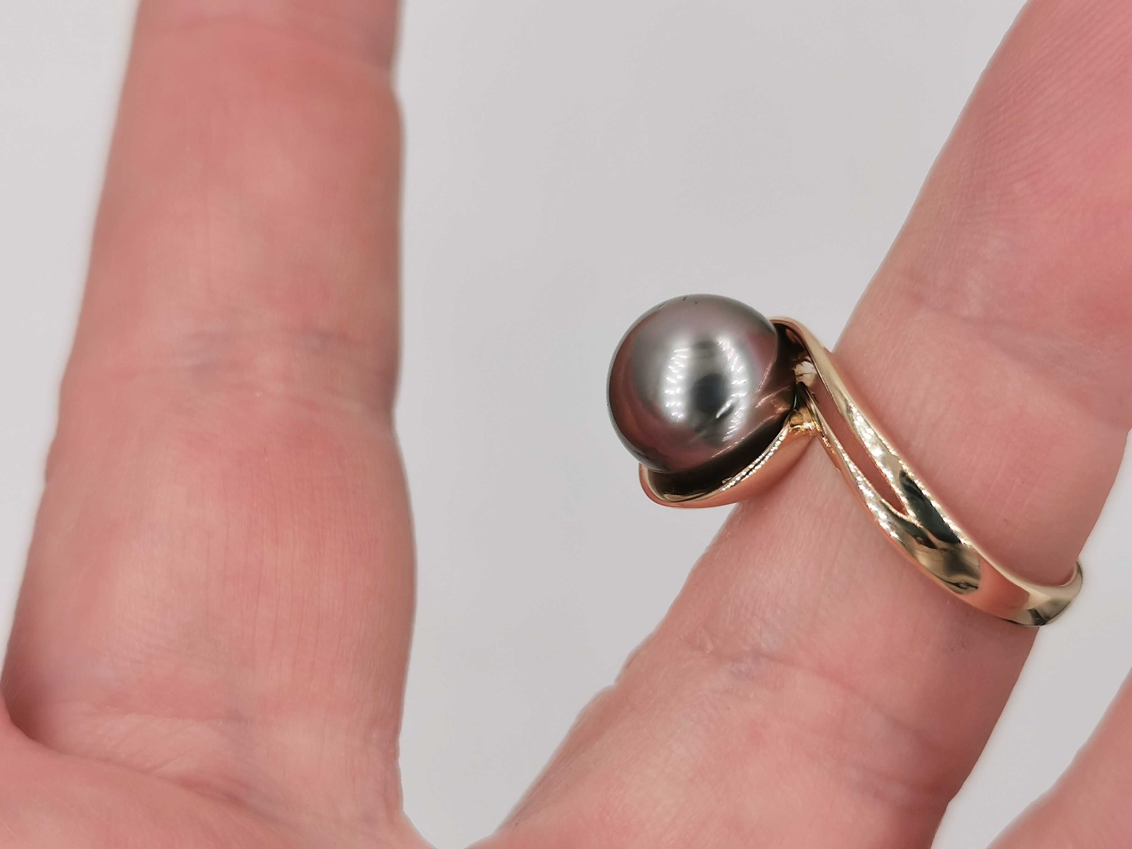 pierścionek złoto 14K 585 perła Tahiti 10,3 mm 5,34 g certyfikat