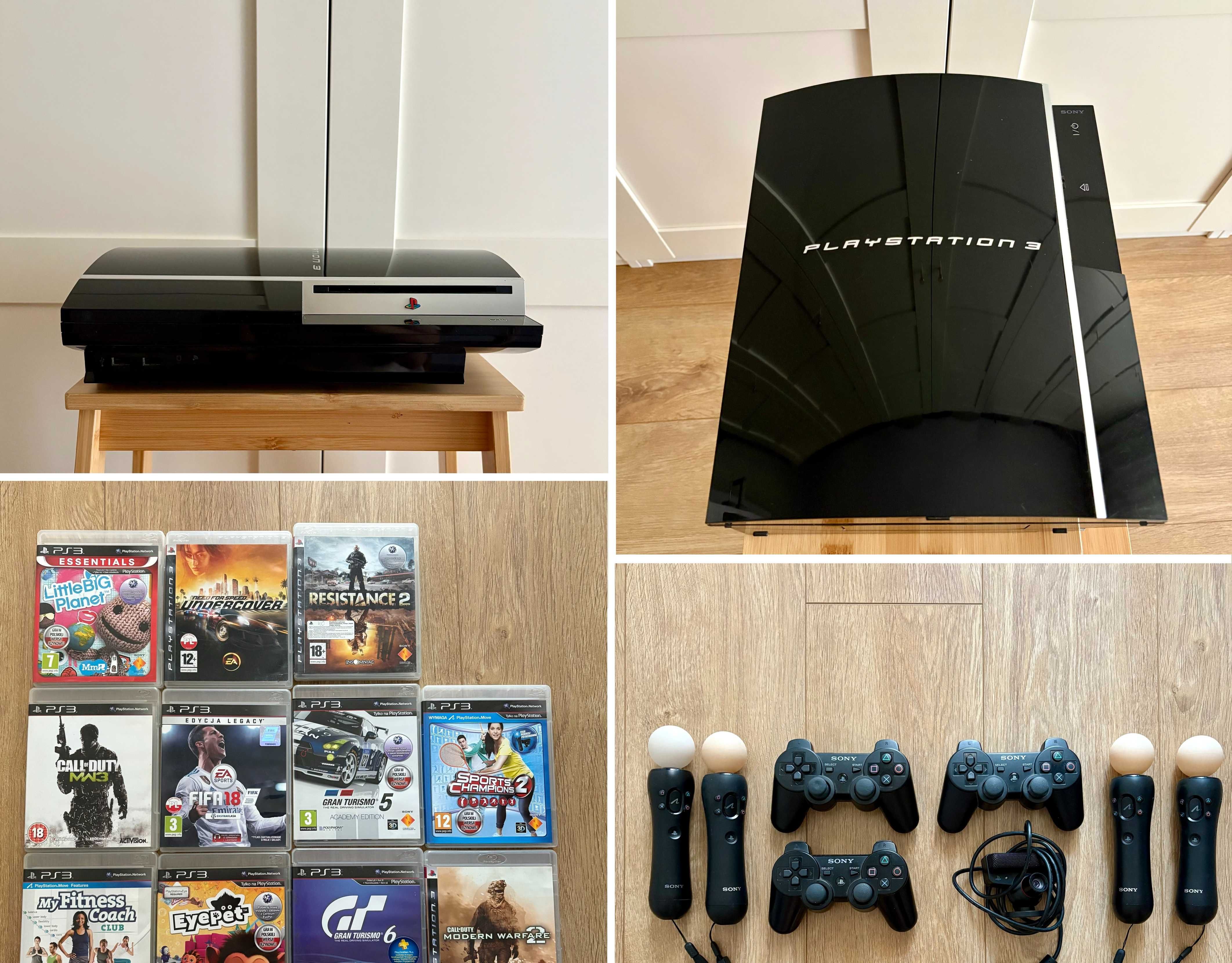 Playstation 3 (PS3), 4x PS Move kontrolery, 3x kontrolery + 11 gier
