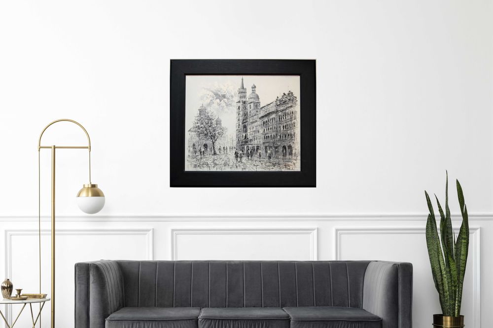 Kościół Mariacki, Kraków, obraz olejny, czarno-biały, impresjonizm