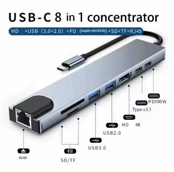 Usb type c Док станція Концентратор Адаптер HDMI PD card SD TF RJ45 4K