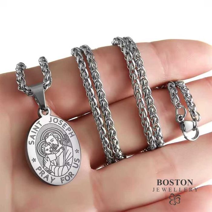 Srebrny Łańcuszek z Medalikiem ze Świętym Józefem Splot Królewski 60cm