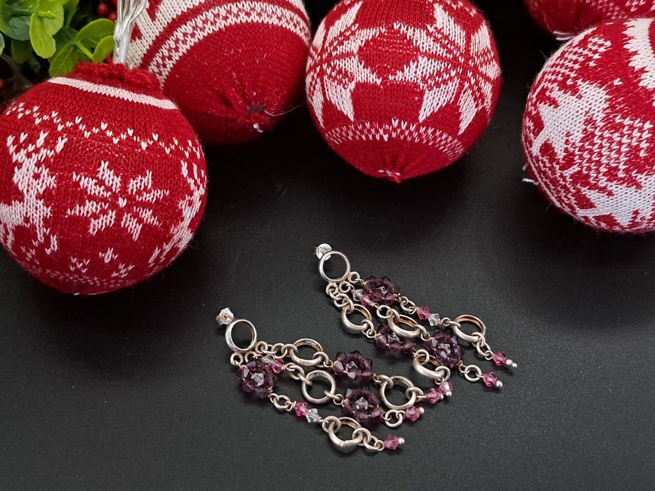 Damskie wiszące srebrne kolczyki Boho z kamykami 925 13,2 g