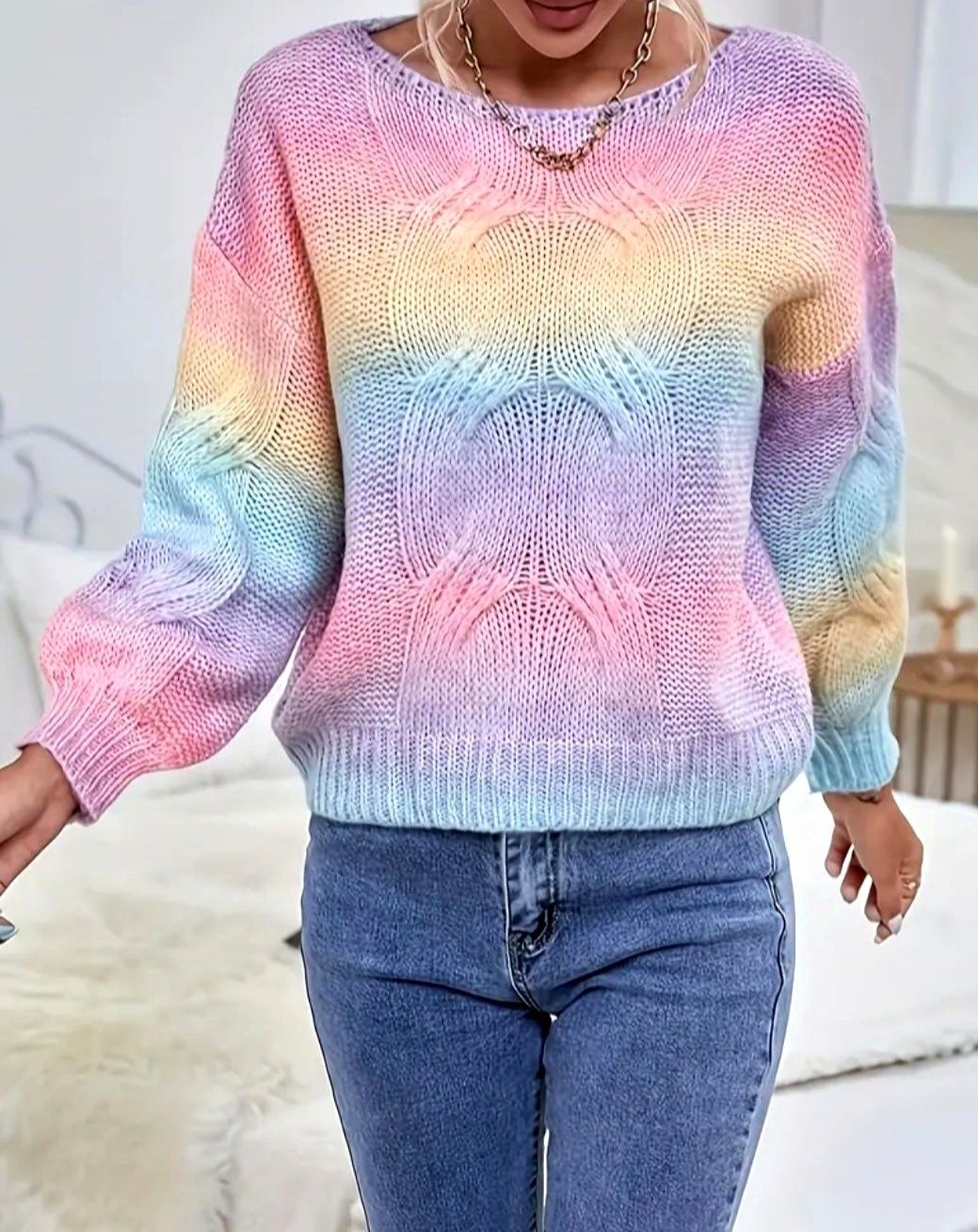 NOWY kolorowy puszysty sweter r. L z wełną efektem OMBRE i warkoczem