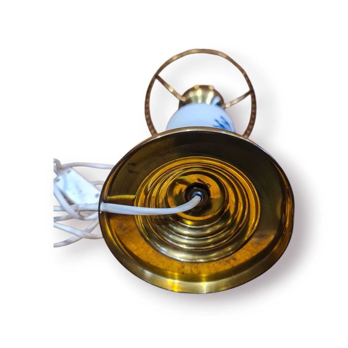 Candeeiro Louça Viana Azul e Branco c/ Vidro Opalino e Base Dourada