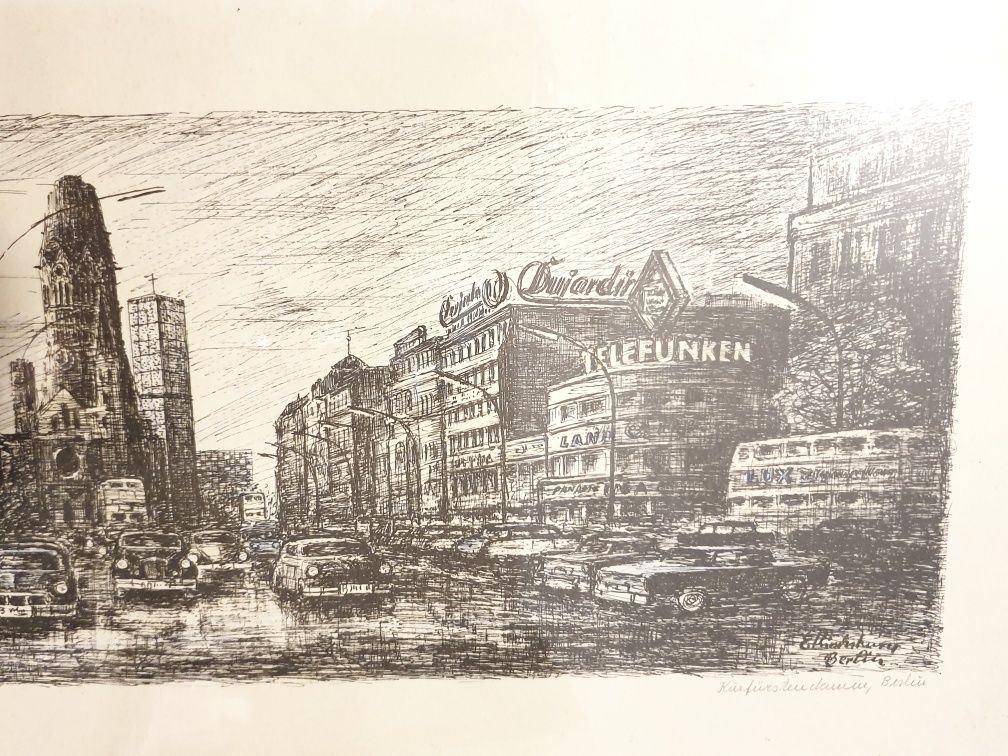 Antiga litografia alemã "Kurfürstendamm Berlin" assinada