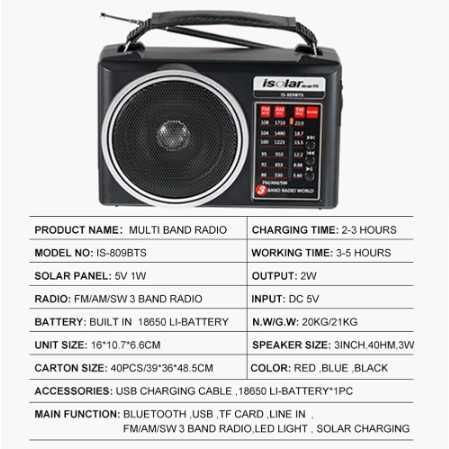 Аварийный фонарик Радио, батарейки Bluetooth на солнечной , AM FM SW