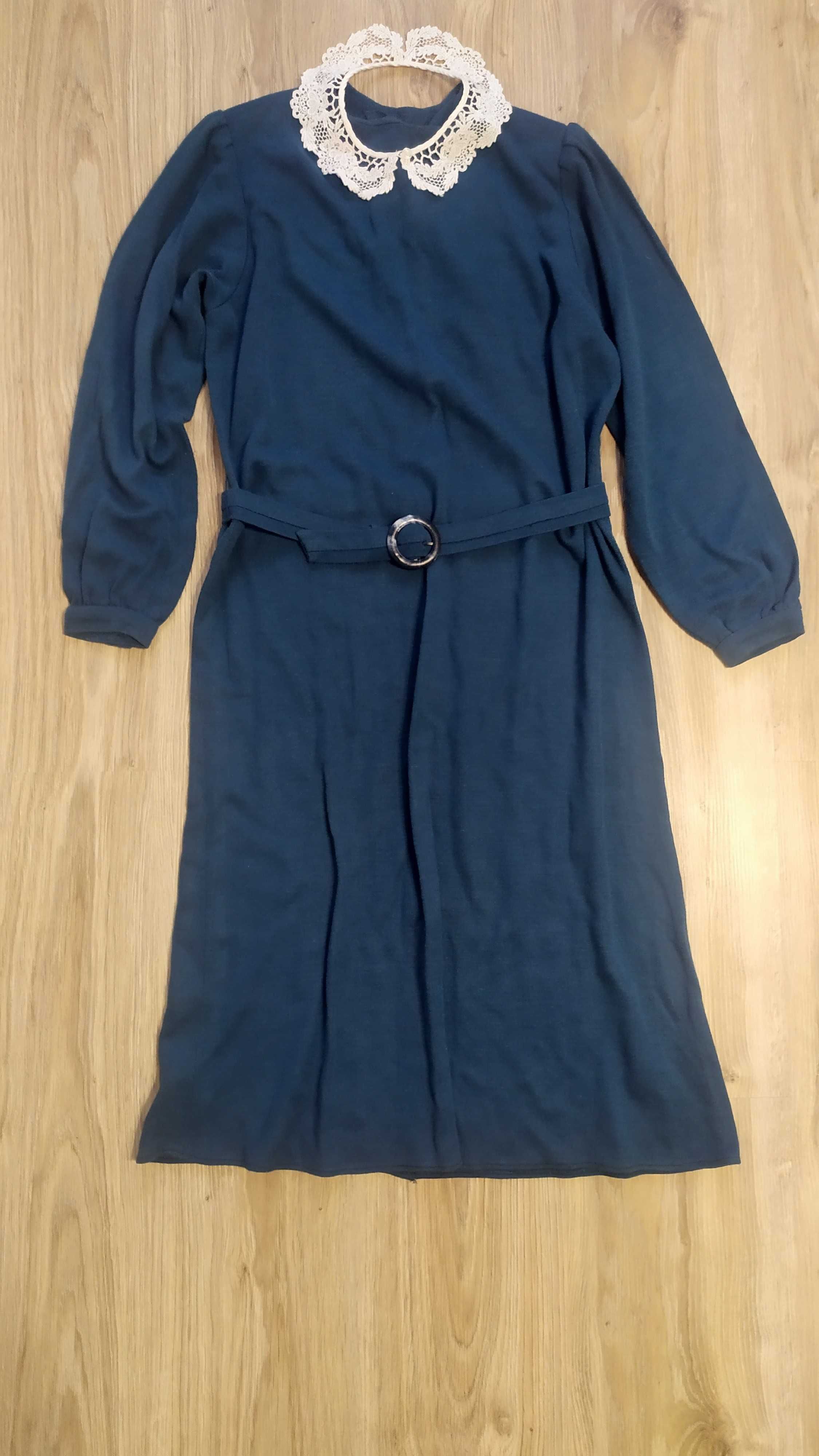 Morska sukienka za kolana długi rękaw bawełna z paskiem r. 40 +gratis