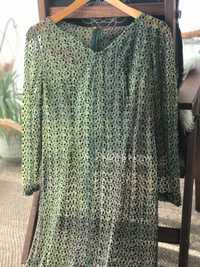 Sukienka neonowa vintage zielona z długim rękawem z haftem