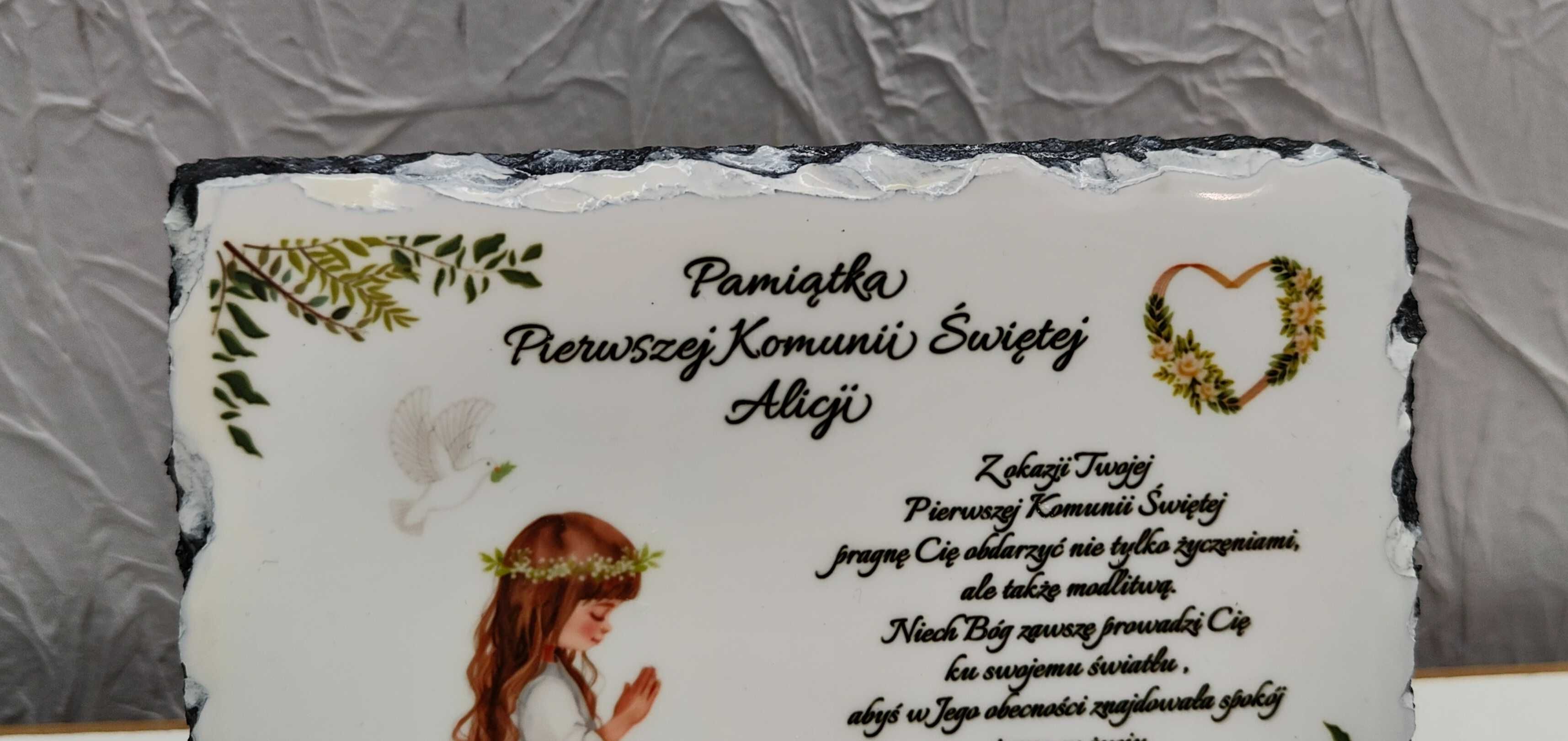 Ramka kamienna pamiątka Komunia Święta dowolny tekst granit kamień14x9