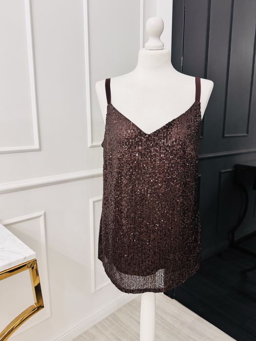 Elegancka bluzka z cekinami w kolorze brązowym w rozmiarze 40