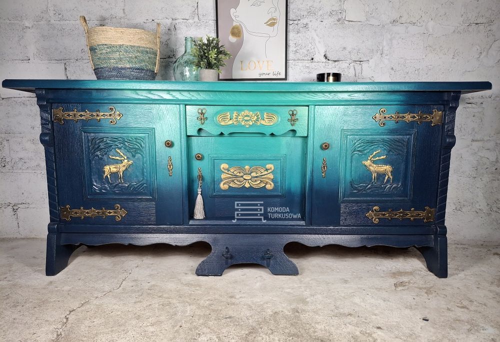 Komoda dębowa, rzeźbiona, antyk, VINTAGE, turkusowaJELEŃ