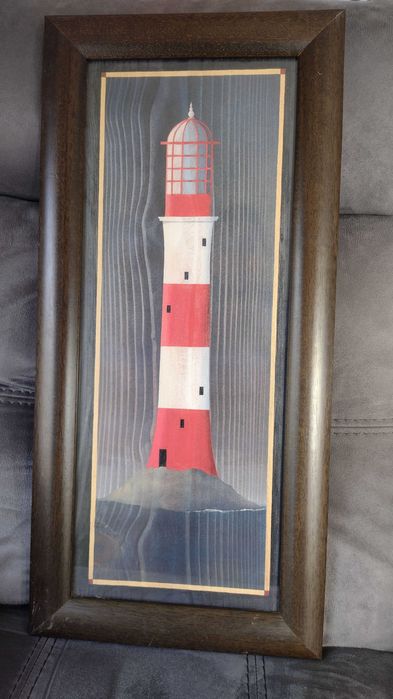 Quadro com moldura em madeira, gravura com farol