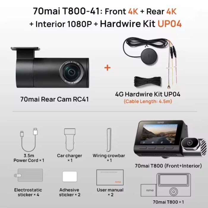 Відеореєстратор 70mai Dash Cam T800 4K+70mai Rear Cam RC41 4K+128Гб