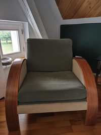 Fotel oliwkowo-beżowy/ drewno bukowe