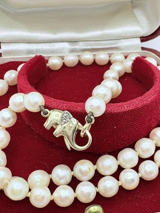 Retro naszyjnik z pereł naturalnych złote 14k zapięcie diamenty słonik