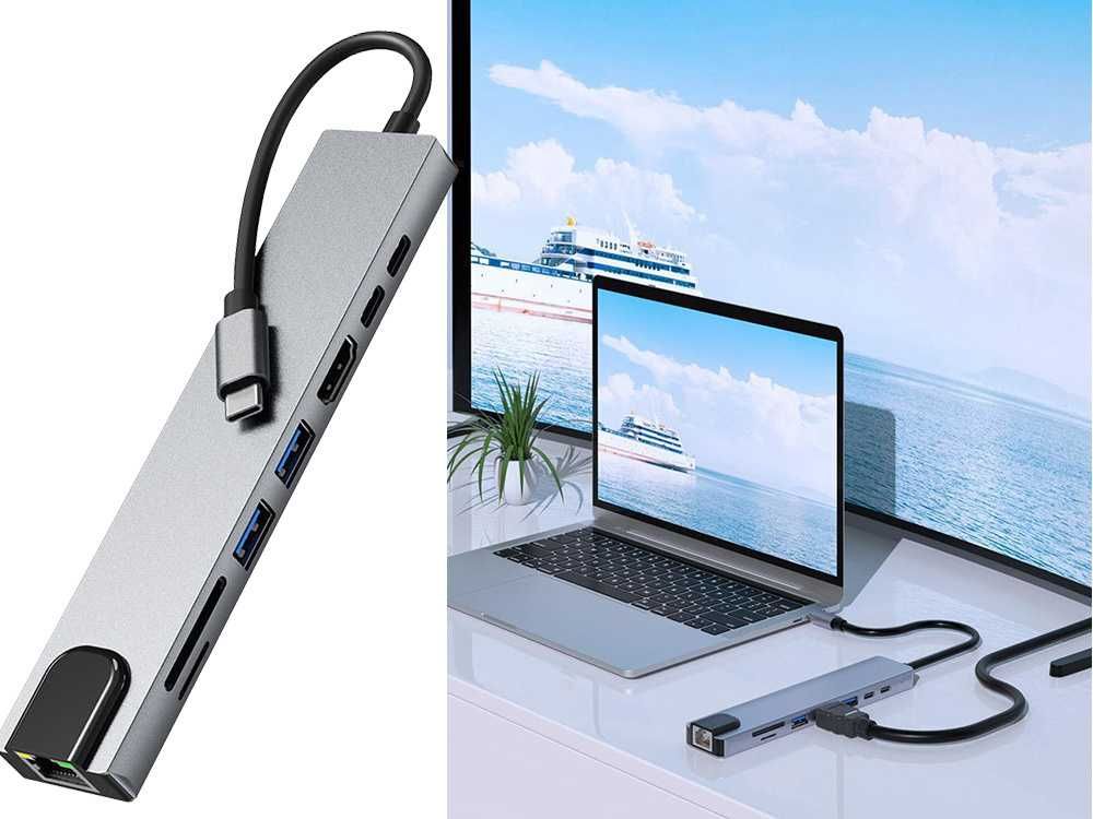 Hub USB-C 8w1: PD 100W HDMI, RJ45, 2xUSB-A, USB-C, czytnik kart  06331