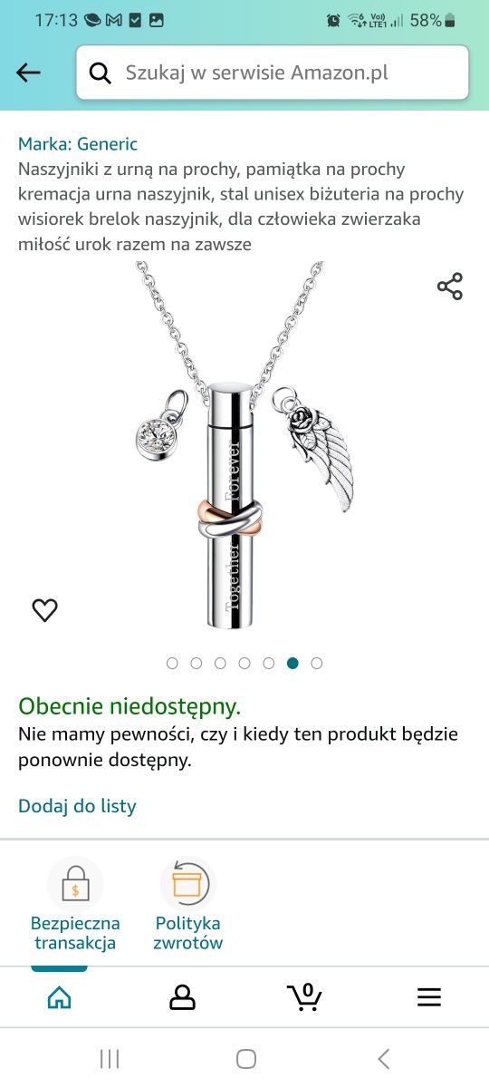 Naszyjnik z urną na prochy