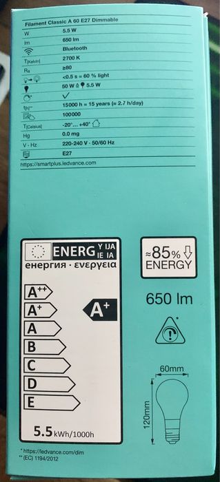 Смарт лампа LEDVANCE SMART+ Bluetooth Filament A60 6W E27 DIM