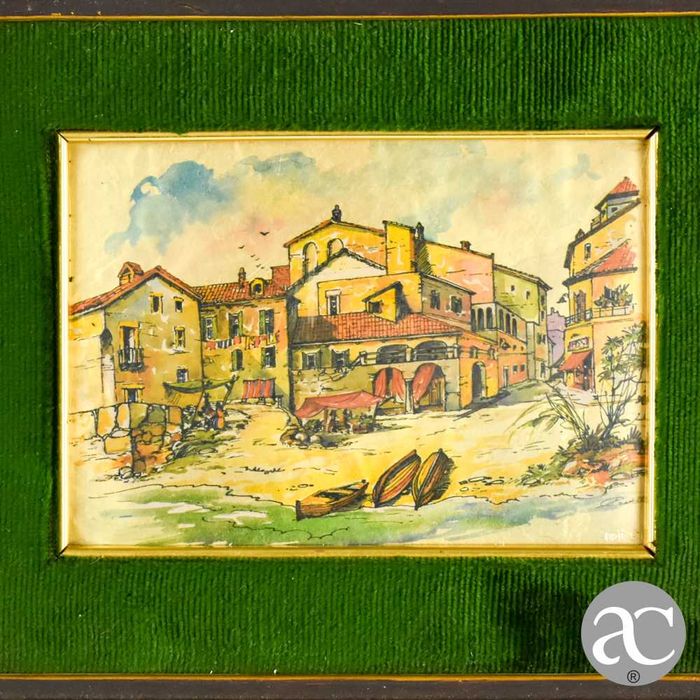 Quadro emoldurado em cromolitografia italiana, com folha de ouro