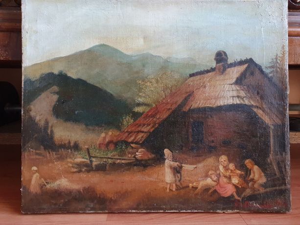 Stary obraz olejny na płótnie Wiejska rodzina przed chatą
