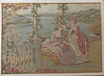 Quadro Gobelin / senhoras no jardim junto ao lago.