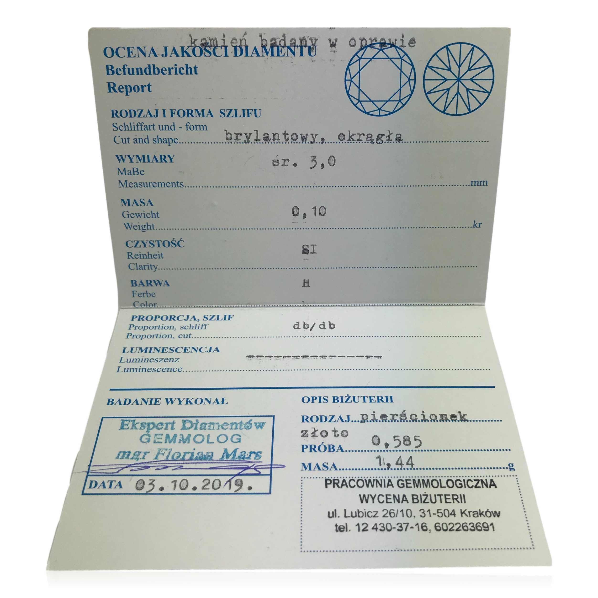 WYPRZEDAŻ APART Pierścionek z Brylantem 0.10CT Złoty 585 Zaręczynowy