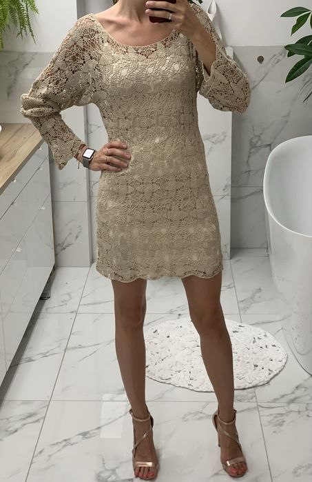 Sukienka szydelkowa azurka siatka bezowa azurowa na wakacje lato 36